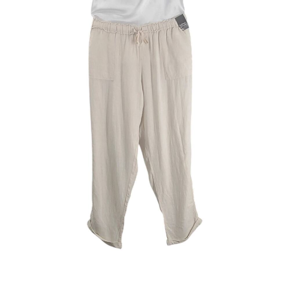 New York & Co Boyfriend drawstring linen pants cream stripes Size xl Resort wear